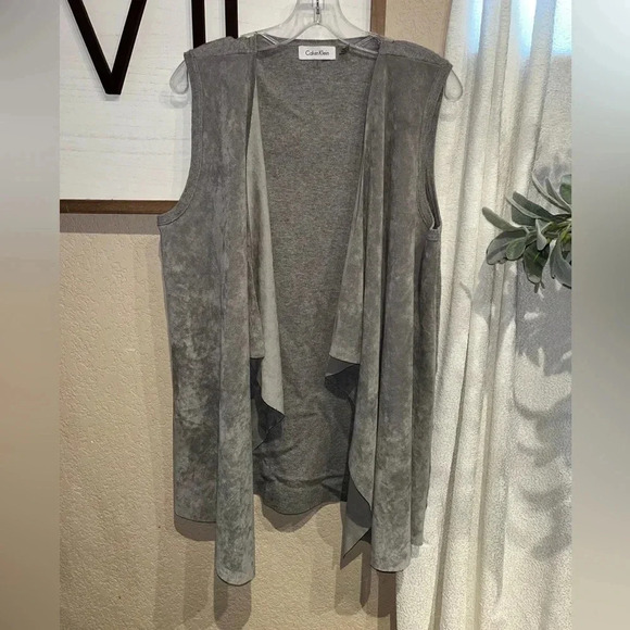 Calvin‎ Klein Faux Suede Gray Sweater Vest Sleeveless Drape Open Front, Size L - Picture 1 of 2
